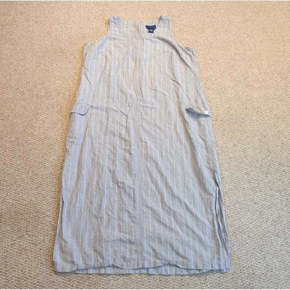 Vintage Venezia Maxi Dress Womens 14 Grey Striped Linen Cotton Blend Pockets Zip